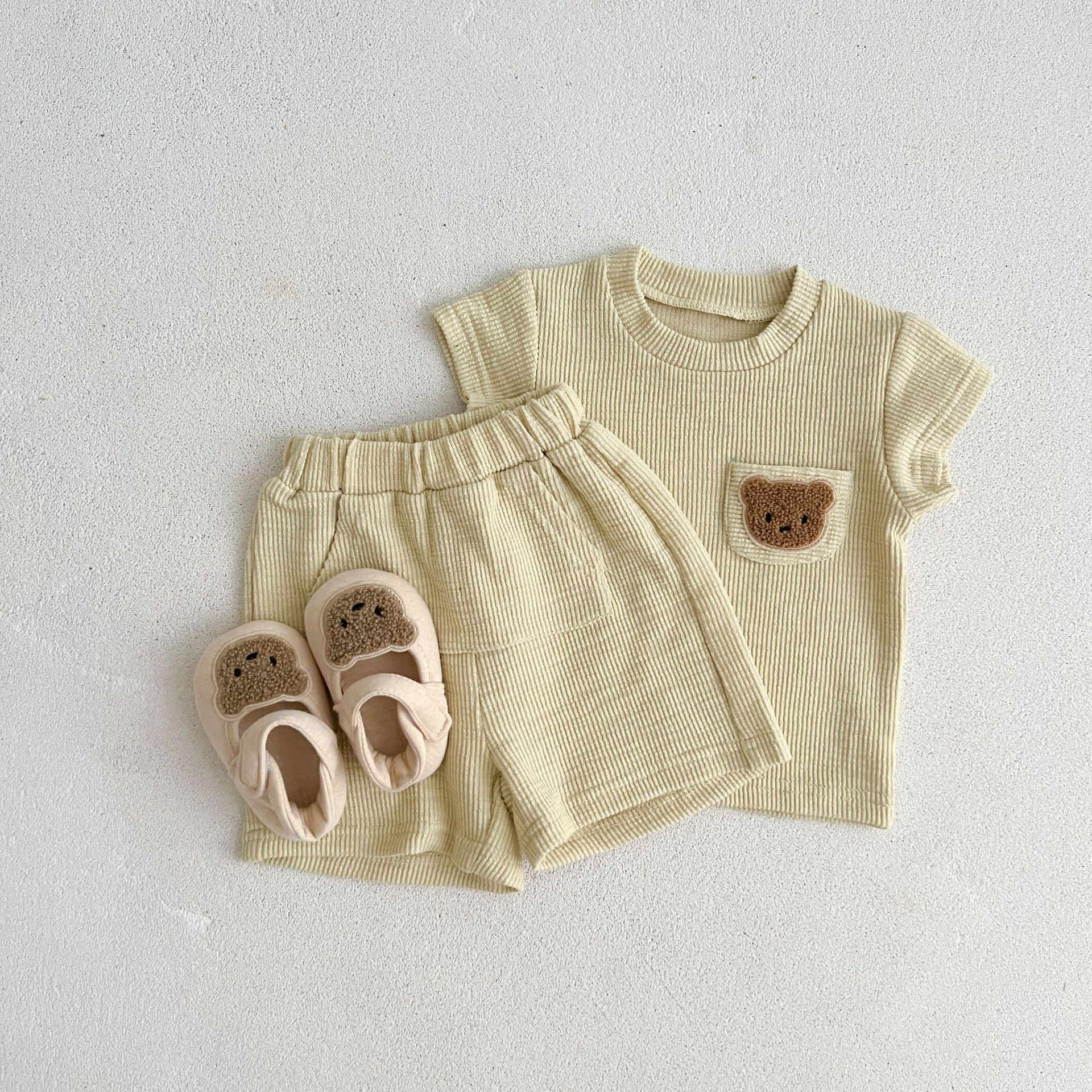 Infant Children's Short-sleeved Shorts Thin Suit Boys and Girls Baby Waffle Summer Split Two-piece Home Clothes