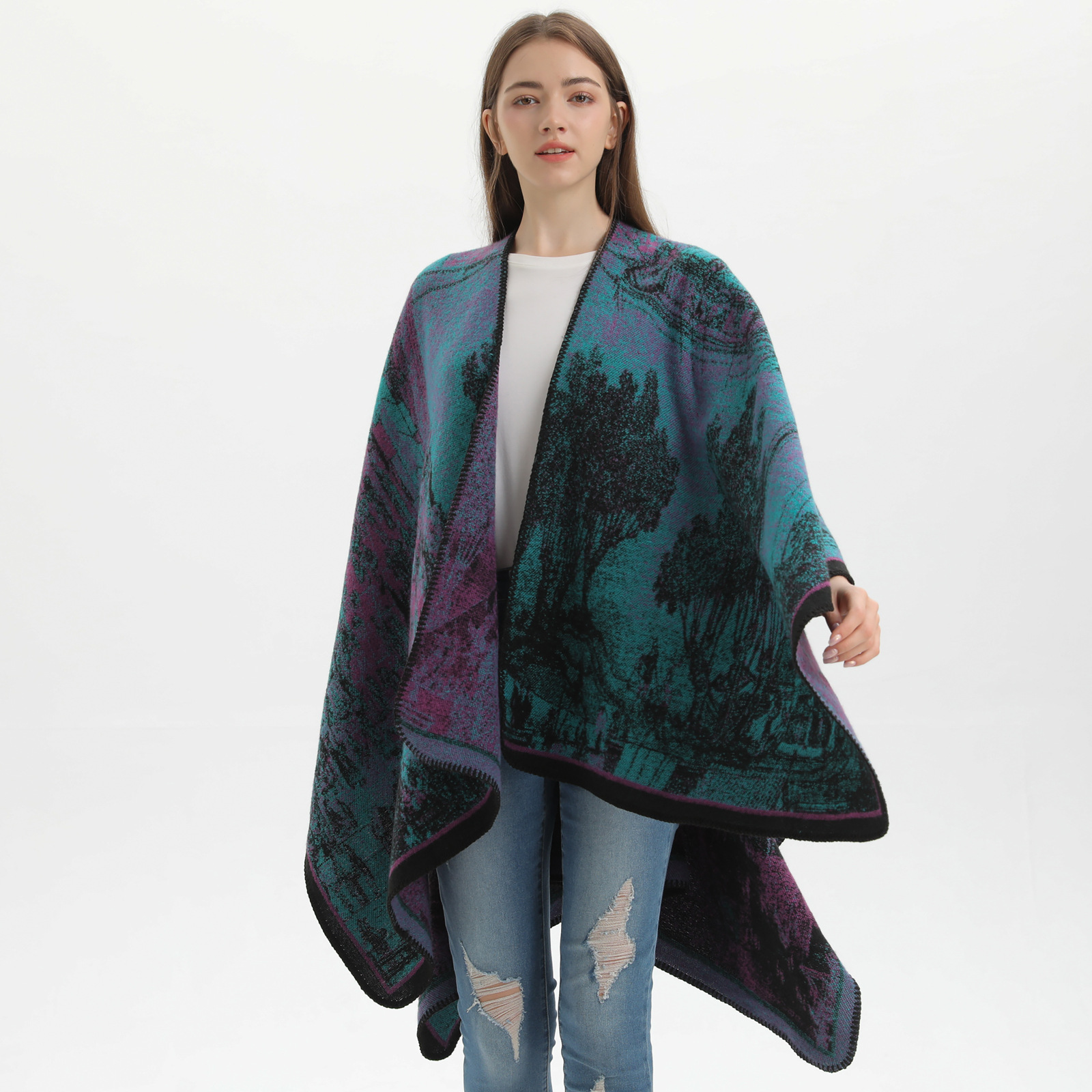 Autumn and Winter Chinese Style Women's Shawl Yunnan Lijiang Travel Camping Photo Warm Outer Cardigan Cape