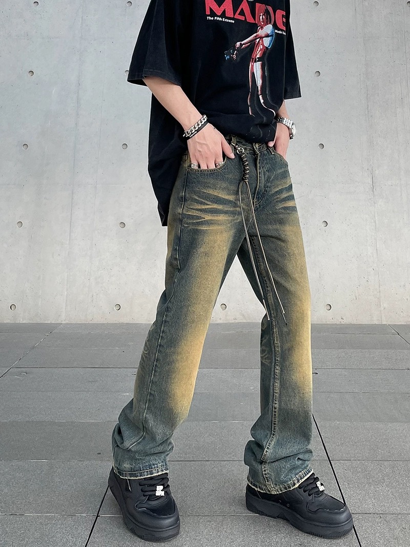 American-style high-street vibe distressed yellow mud-dyed washed jeans men's trendy ins straight micro-cleanfit pants