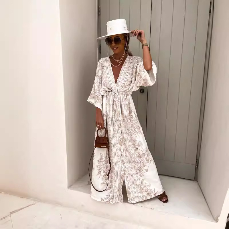 Cross-border Amazon Foreign Trade 2024 Spring and Summer New Temperament V-neck Button Positioning Printing Large Skirt dress Women