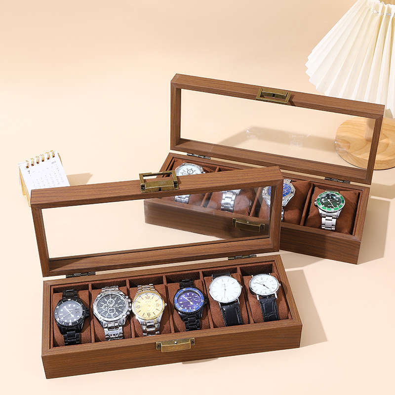Walnut wood grain jewelry box flip glasses box Bodhi antique box multi-position glass window display watch bag box