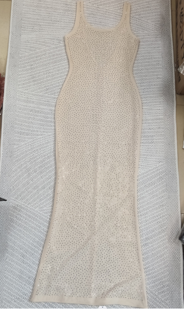 Cross-border Hot Selling European and American Star Kardashian Sexy Mesh Diamond Sleeveless Tight Sexy Long Dress Red Carpet Dress