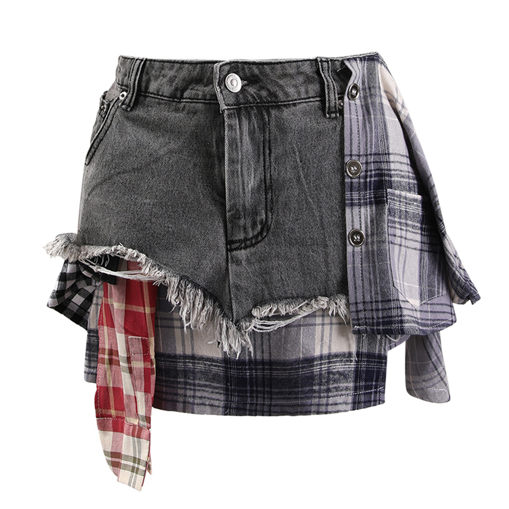 American Style Distinctive Deconstruction Design Sense Denim Skirt Women's Summer New Arrival Irregular Plaid Stitching High Waist Skirt
