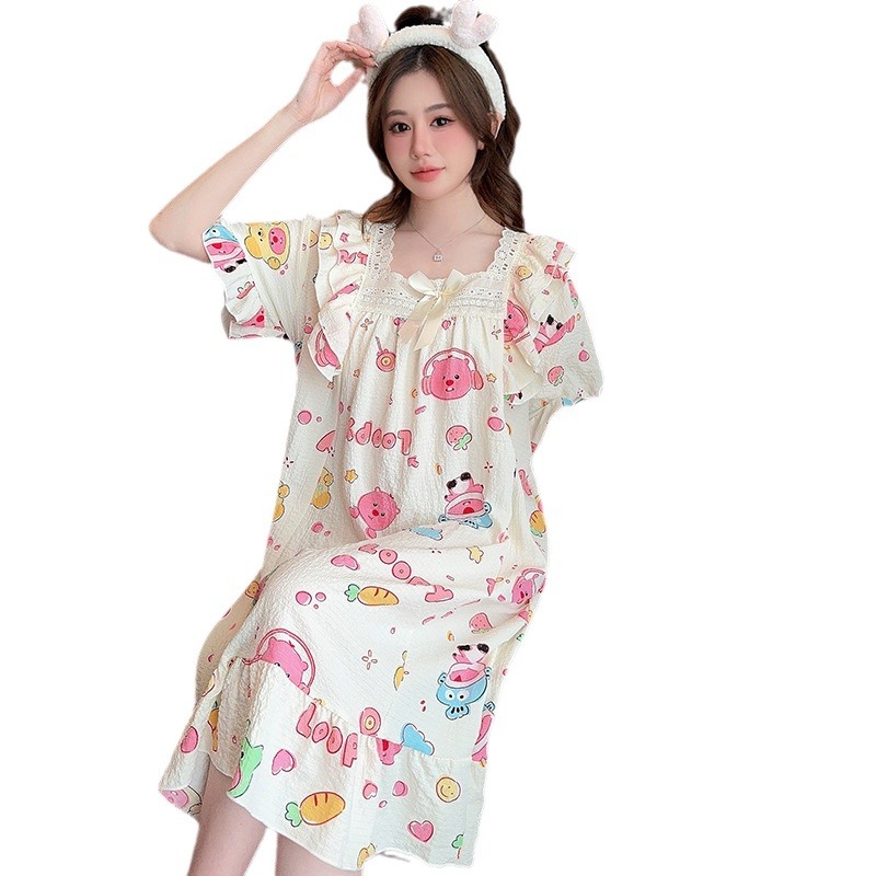 Summer Bubble Cotton Nightgown Women's Cute Sweet Princess Style Short-sleeved Mid-length Nightgown Plus Large Size Home Clothes