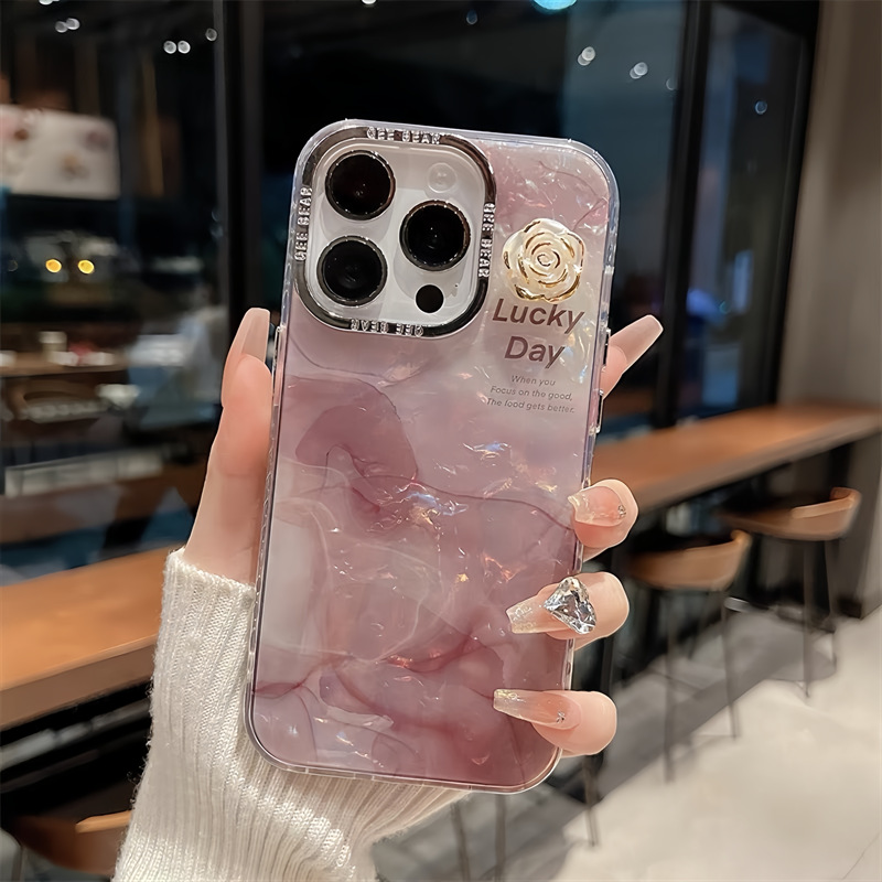 貝殼紋暈染立體山茶花適用iphone15Promax蘋果13/14手機殼11/12女