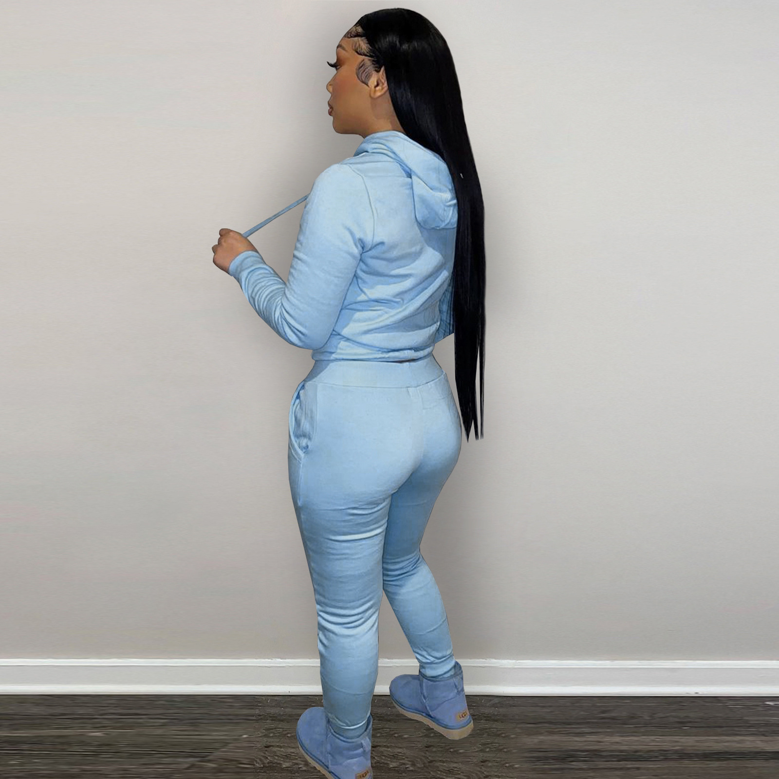 HR8197 European and American women's clothing  independent station supply autumn and winter plus velvet drawstring hooded two-piece set_voghion.com