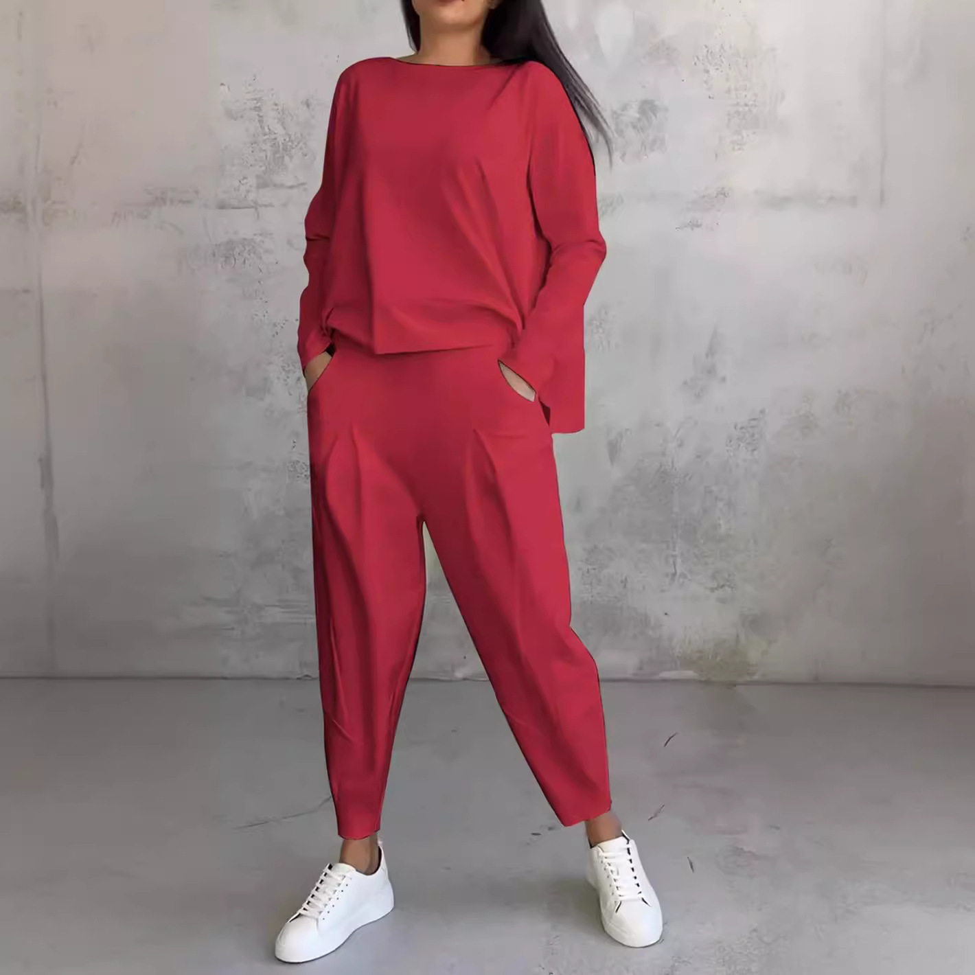 2024 new European and American cross-border foreign trade women's solid color round neck long sleeve suit women's pocket pants pants women