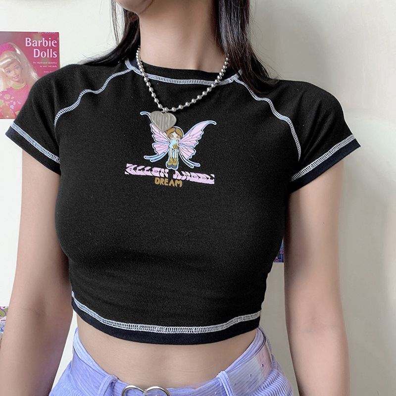 European and American AliExpress  spring new women's butterfly letter print crop top round neck short-sleeved T-shirt