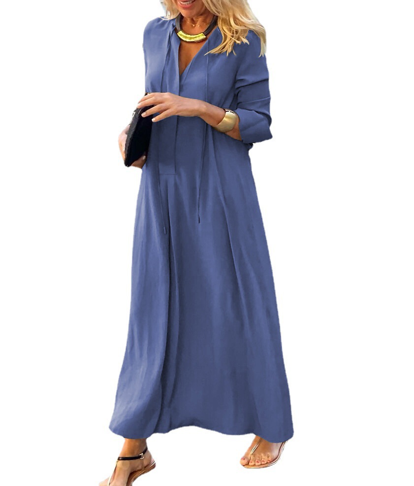 2022 Europe and the United States cross-border new large skirt solid color lapel long sleeve simple casual long shirt dress