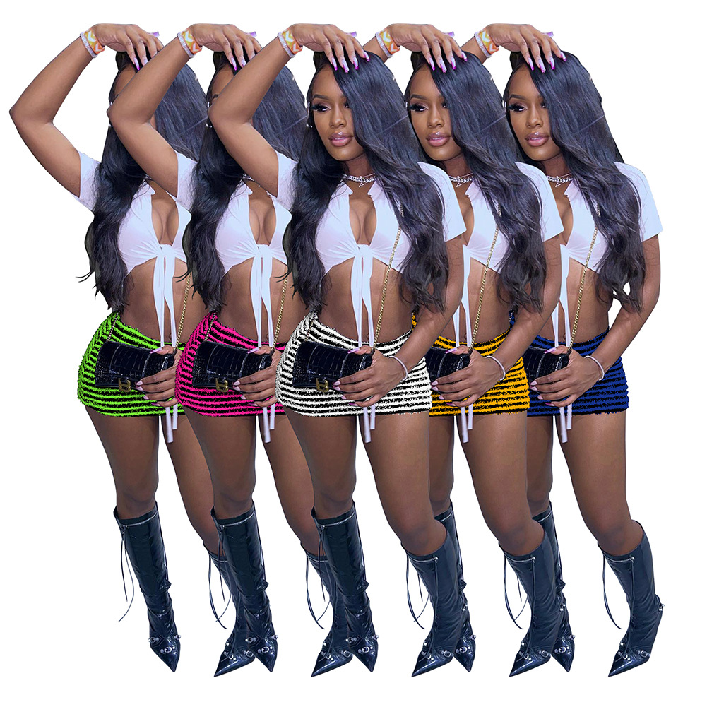 D88216 European and American women's cross-border texture stripes Joker sexy casual fashion miniskirt [price]]