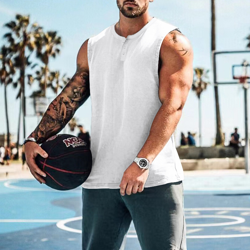2023 European and American Summer Men's Sleeveless Wide Shoulder Basketball Vest Large Size Round Neck Slim-fit Waistcoat Solid Color T-shirt Men's Back