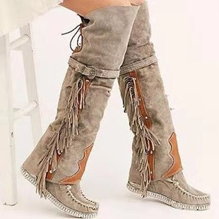 2021 New Over-knee Tassel Rivet Flat High Boots Women's Winter 43 Size Boots