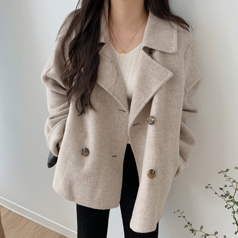 Women's French-Inspired Wool Blend Blazer, Double-Breasted Oversized Coat, Chic Fall/Winter Outerwear_voghion.com