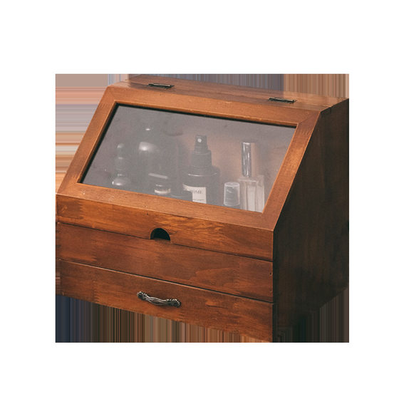 Large Capacity Flip Cover Solid Wood Storage Box Dustproof Flip Cover with Drawer Desktop Wooden Sundries Cosmetic Cabinet