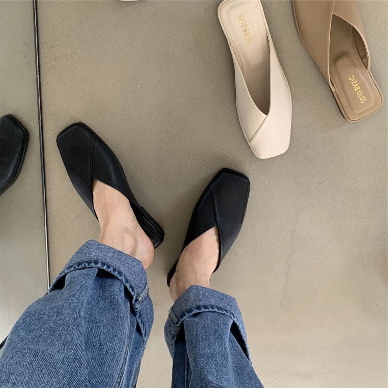 Flat Half Sandals Women's Shoes Summer Thin French Style Small Crowdsourcing Half Square Toe Sandals Soft Bottom Mueller Shoes