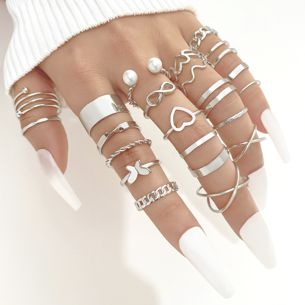 Mu Shang AliExpress Hot-selling Open Multi-joint Ring suit Women's Niche Hollow Love Butterfly Ring 22-piece Set