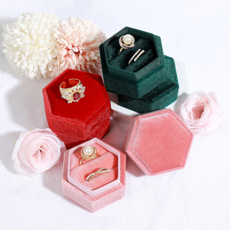 Velvet Hexagon Jewelry Box Flannel Cover Ring Box Bracelet Necklace Box Proposal Gift Box Factory Spot