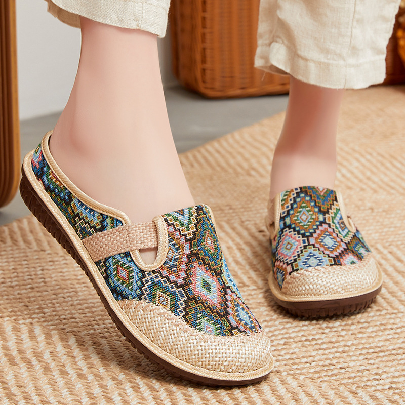 Old Beijing Cloth Shoes Women's 2024 New Ethnic Style Half Slippers Linen Baotou Slippers Women's Soft-soled Casual Single-layer Shoes