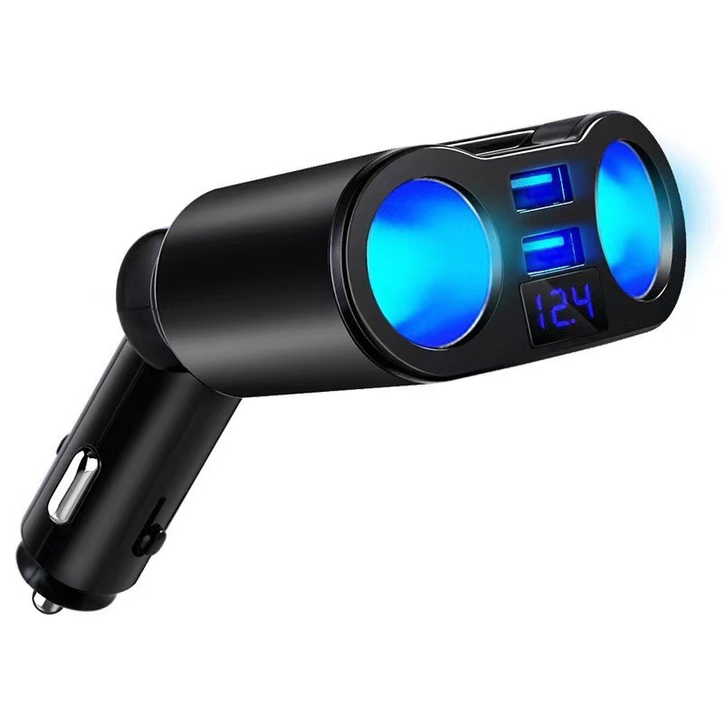 Car cigarette lighter dual USB in-line car charger digital display one-on-two folding car power distributor