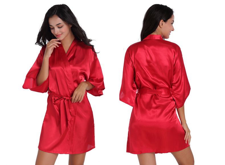 Cross-border Women's Twisted Sade Nightgown Bathrobe Solid Color Glossy Summer Thin Sexy Short Cardigan Gown_voghion.com