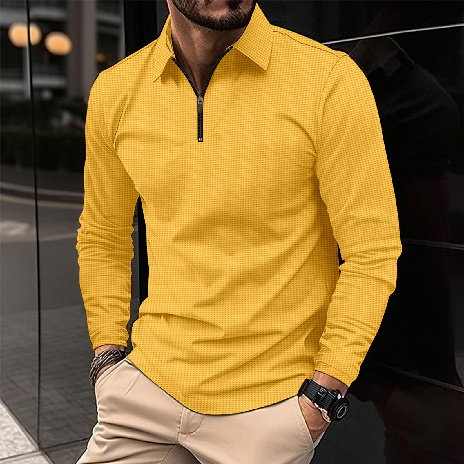 New independent station ebay cross-border European and American men's lapel fashion solid color waffle long sleeve men's T-shirt POLO