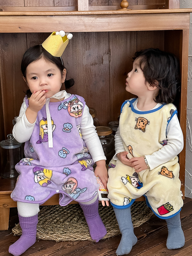 Baby sleeping bag autumn and winter fleece-lined warm children's sleeping anti-kick one-piece home wear sleeveless vest pajamas