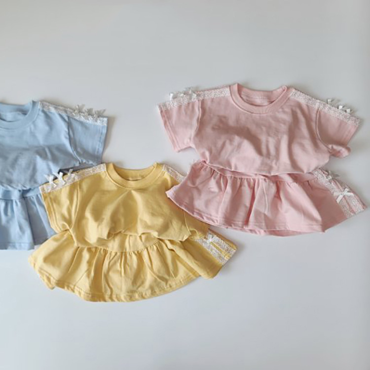 2024 Summer Women's Baby Korean Style Girl's Thin Cotton Bow Princess Lace Half-length Skirt suit