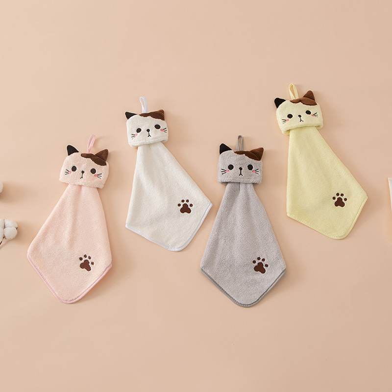 Coral fleece pocket cat embroidered towel bathroom hanging absorbent towel kitchen bathroom dual-use square towel wholesale