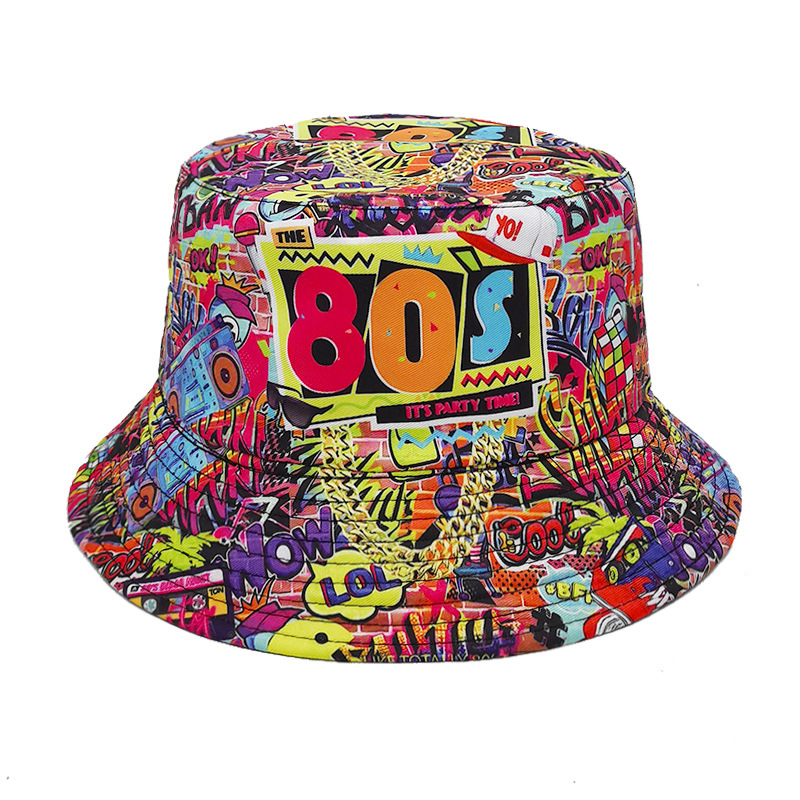 Chapeau de pêcheur à motif de ruban adhésif rétro nostalgique européen et américain des années 80 et 90 pour femme, chapeau de protection solaire d'extérieur double face pour printemps et été_voghion.com