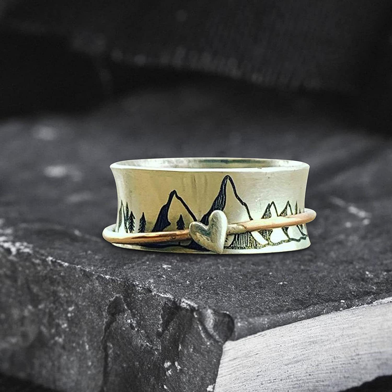 wish new personalized design Mountain ring rotating love two-color decompression ring fashion rotating heart ring