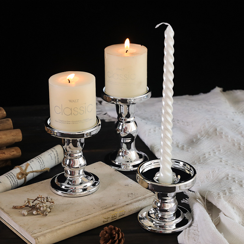 Ins-style French-style Roman column electroplated silver crystal glass candle holder candle antique table decoration accessory wedding prop