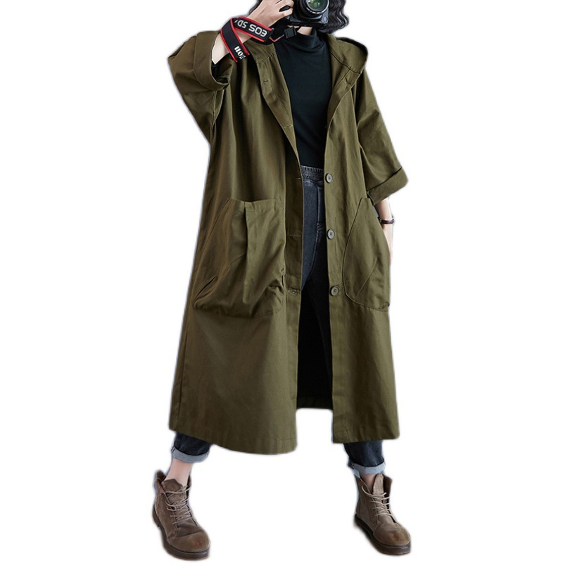 Real shot of literary style loose large size knee-length large pocket windbreaker jacket for women hooded commuting casual 2020