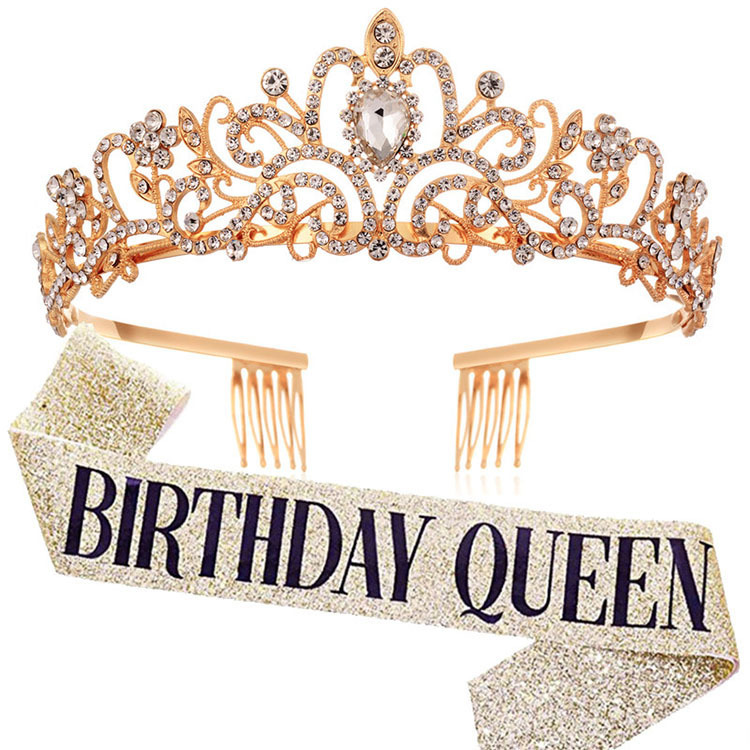 European and American fashion gold pink belt birthday girl birthday belt Crown suit Crystal headdress hair accessories wholesale