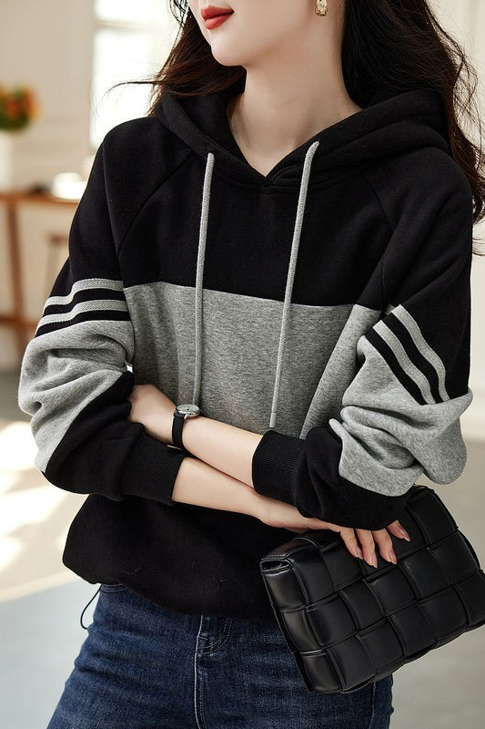 Spring and Autumn new black and gray striped stitching hooded sweater women's Korean-style ins trendy loose Western style casual pullover top