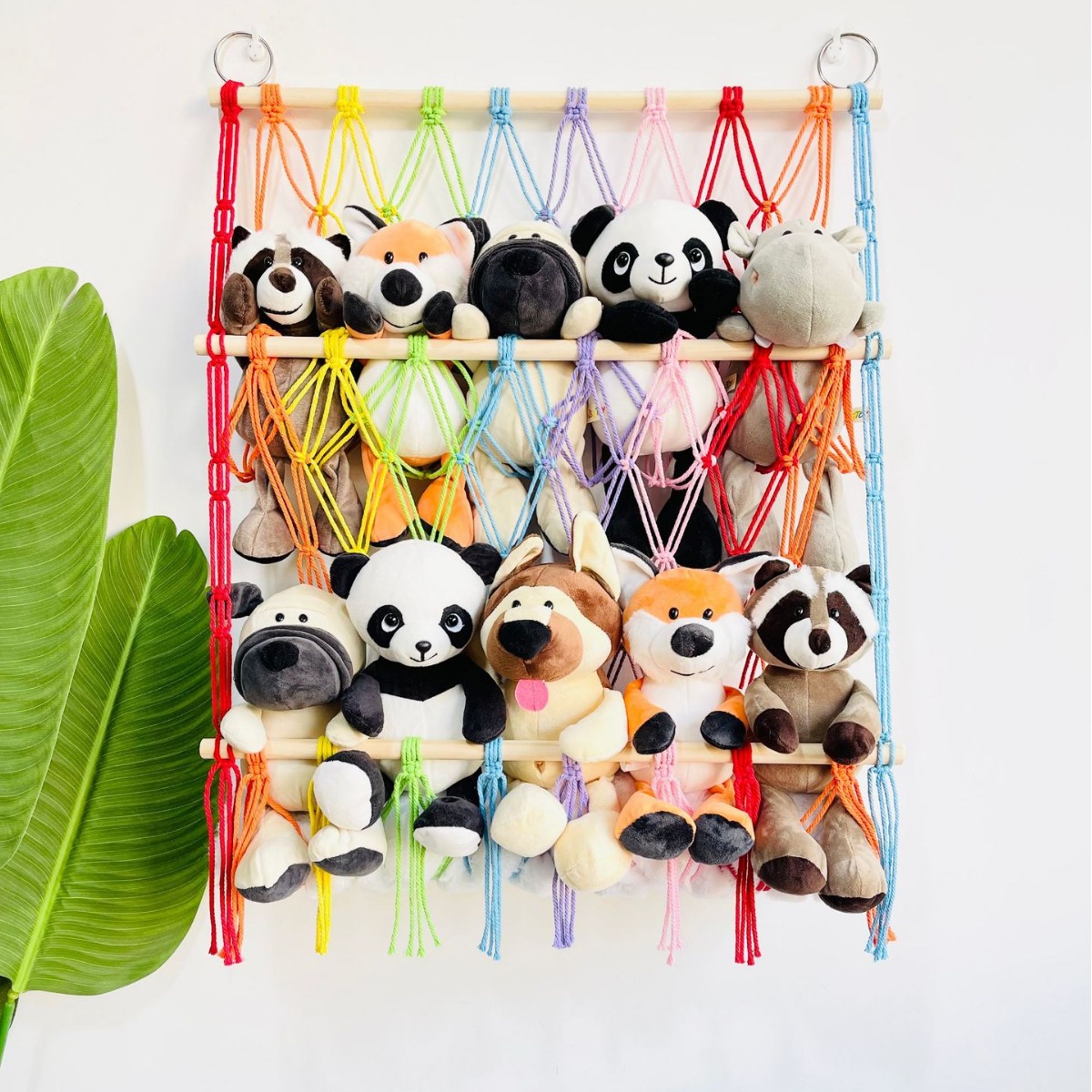 ins three-layer storage rack simple decoration children's room book decoration wooden stick double-layer plush toy storage net pocket
