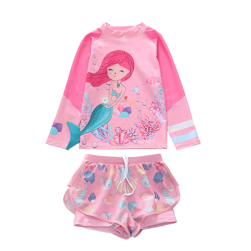 New children's swimsuit girls' two-piece long-sleeved beach sports Net boxer skirt swimsuit small medium and large children's swimsuit