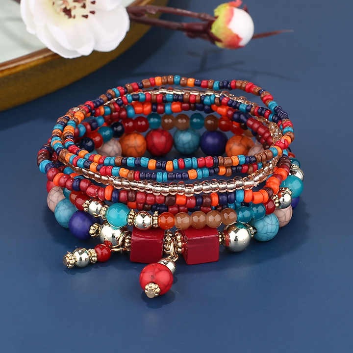 Bohemian ethnic style mix and match delicate rice beads multi-layer bracelet 0524