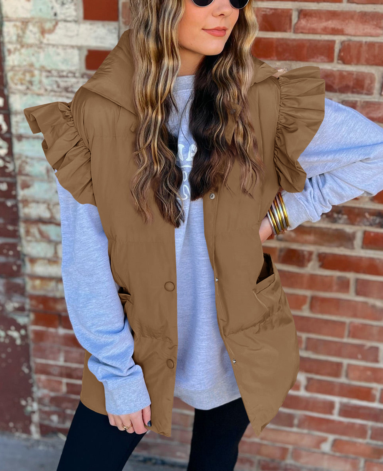 Grenzüberschreitende europäische und amerikanische Herbst- und Winterneuheiten mit lockerer Tasche und Baumwollpolsterung, fliegende Ärmel, elegante Weste, Stehkragen, Mode, Einreiher_voghion.com