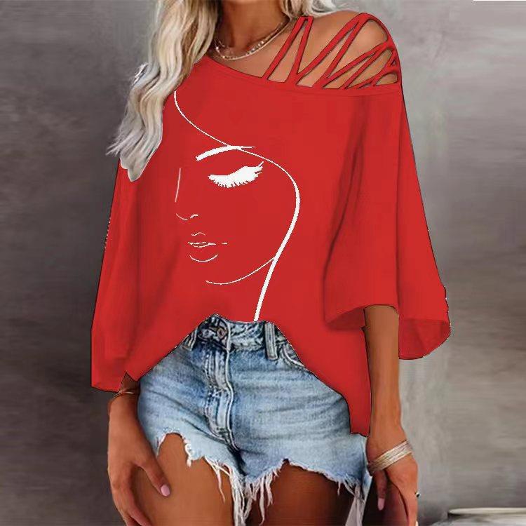 New Wholesale Amazon Independent Station Autumn European and American Fashion Stitching Loose Casual Top Women Printed T-Shirt