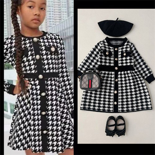 JINYONG2023 autumn and winter New girls' Chanel style dress autumn and winter western style sweater knitted plaid skirt