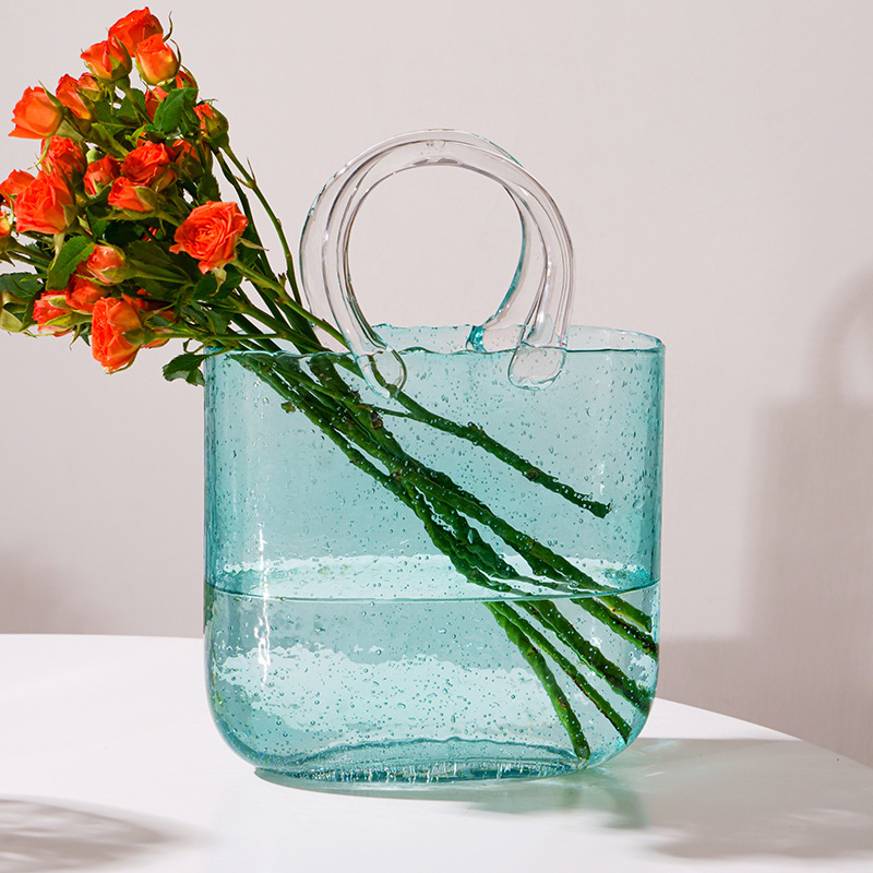 Bag vase ins style decorative glass hand basket flower arrangement hydroponic container flowers living room home ornaments