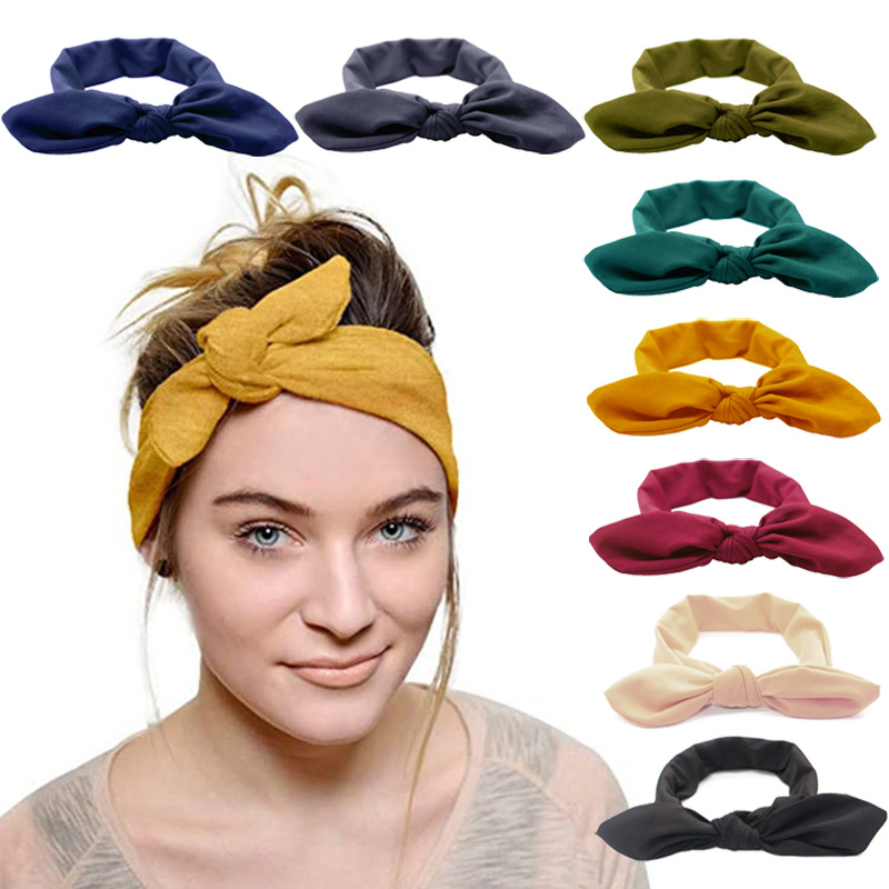 European and American style cute soft cute rabbit ear headband solid color fabric knotted hair band elastic cotton makeup face wash hair band for women