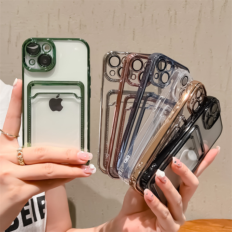 電鍍卡包iphone15promax鏡頭膜13手機殼14適用蘋果12透明插卡小眾