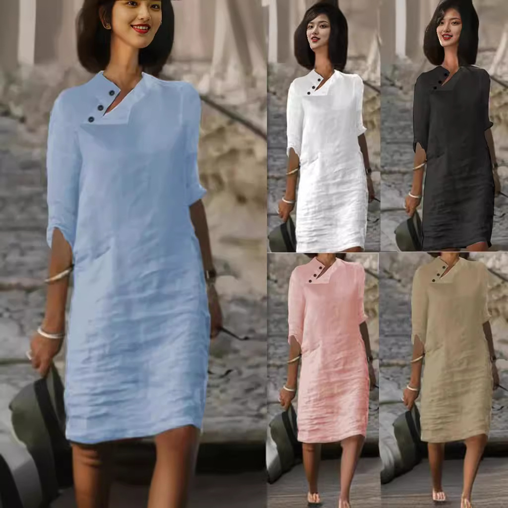 2024 Amazon independent station spring and summer new casual stand collar button cotton linen solid color half sleeve dress