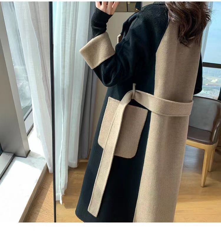 Uldfrakke Dame lang 2023 vinter Ny dobbeltsidet fleece uld farveblok Elegant Hepburn stil slankende frakke_voghion.com
