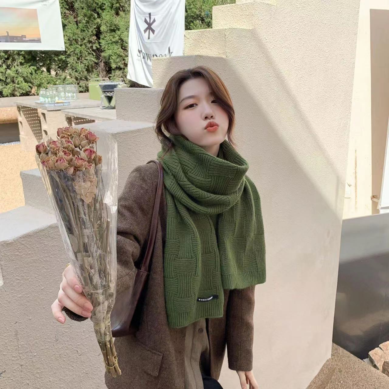 Pure color dark green Chanel style plaid wool knitted scarf for women winter red plaid for boys warm scarf