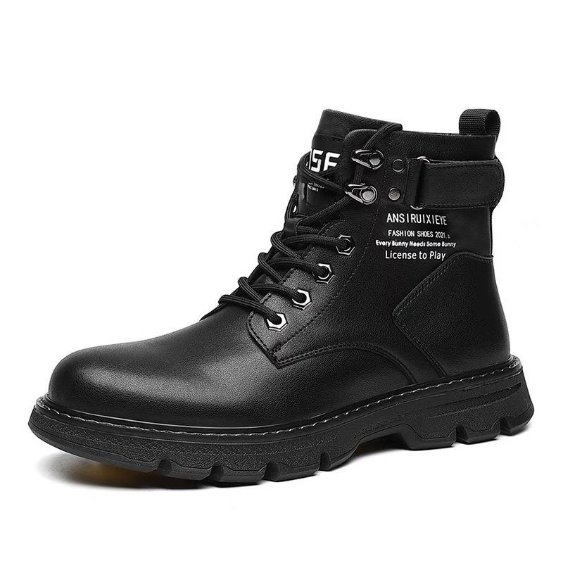 2022 New Autumn and Winter fleece-lined Martin Boots Men's Mid-range British Casual Thick Black Tooling Leather Boots