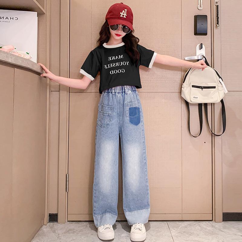 Girls Summer Suit New  Big Children Letter T-shirt Fashionable Street Jeans Two-piece Trendy Set