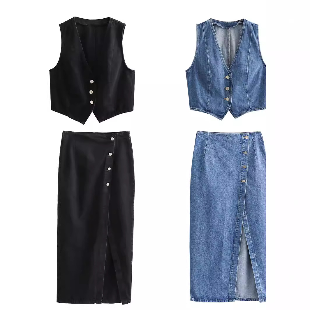 Spring and Summer 2024 Casual Women's Solid Color Buckle Decorative Stitching Short Denim Vest High Waist Split Straight Skirt