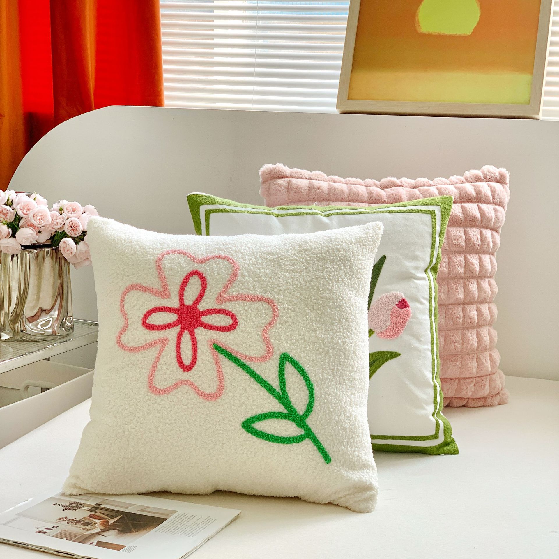 Light Luxury Cream Ins Style Pillow Girl Tulip Plush Pillow Living Room Cute Sofa Pillow Bedroom Cushion